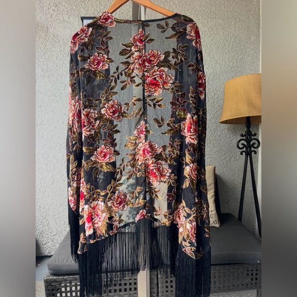 Boho Floral Fringe Kimono Sheer Wrap – Velvet Burnout Roses, One Size - Picture 2 of 5